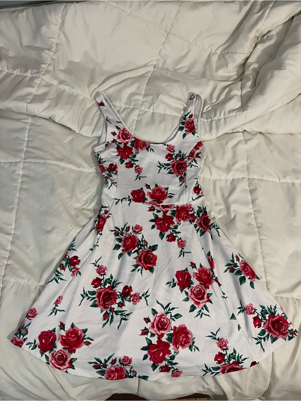 H&M White Mini Dress with Red Rose Print